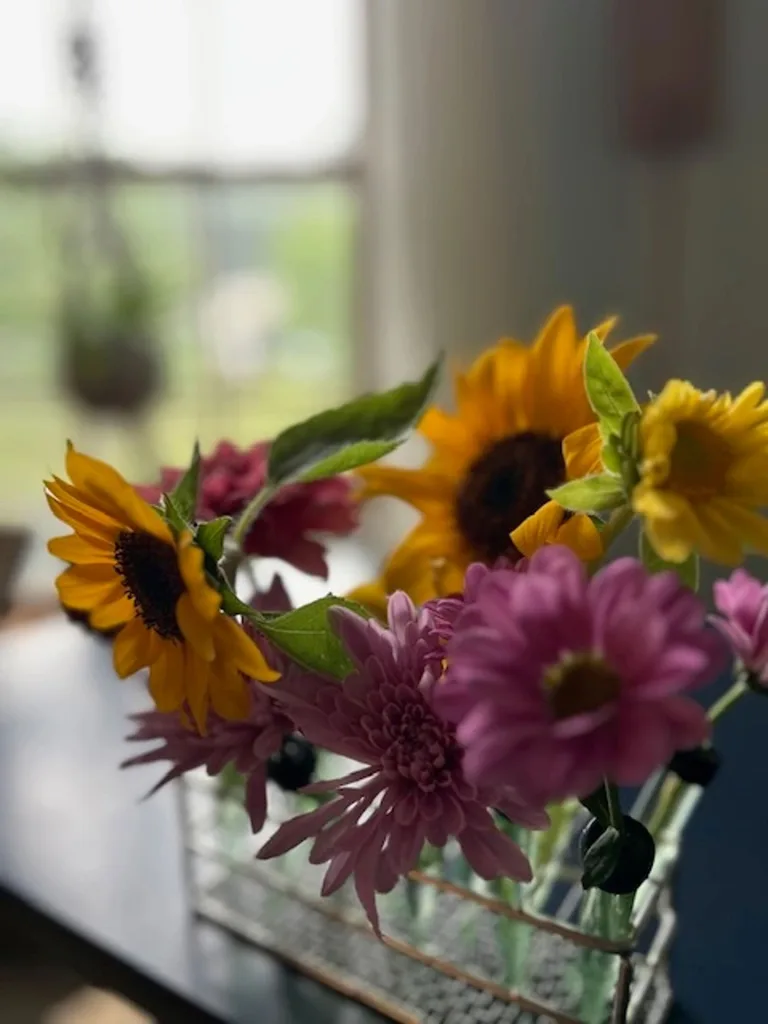 Sunflowers and asters in a glass vase by a window